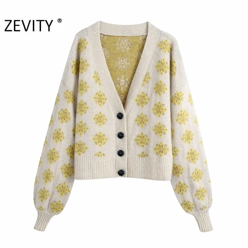 Zevity New Women Elegant Floral Print Buttons Knitting Sweater Femme Chic Basic V Neck Lantern Sleeve Casual Cardigans Tops S476 210419