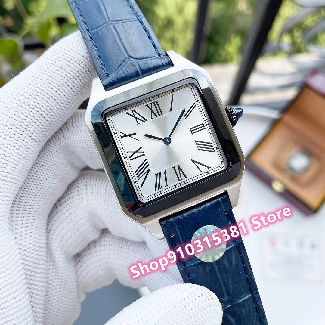 Luxury Men Stainless Steel Quartz Watch Silver White Rome Dial Black Bezel clock Male Grey Leather Geometric Square Watches 46mm