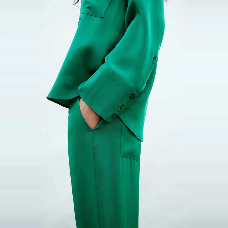 WXWT Za Set casual da donna verde Tasca Decorata Camicia oversize Pantaloni Completo 2 pezzi Top solido e abiti OZZ1042 210930