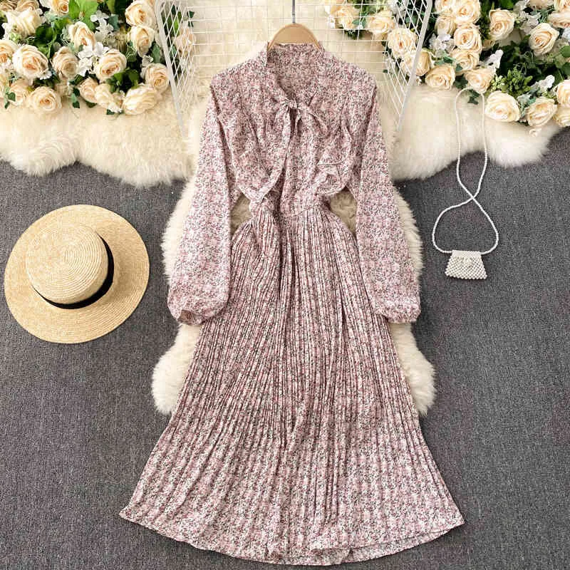 SINGREINY Women Vintage Print Midi Dress Spring Autumn Drawstring O Neck A Line Dresses Korean Casual Puff Sleeve Pleated Dress 210419