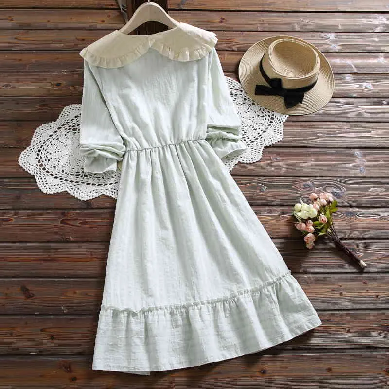 Japanese Style Sweet Women Spring Autumn Doll Collar Long Sleeve Solid Bow A-line Kneee-length Princess Dress Vestidos 9526 210417
