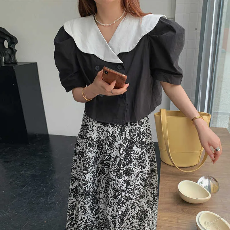 Korejpaa femmes ensembles été coréen Chic rétro Style revers chemise à double boutonnage taille haute sur le genou imprimer jupe 210526
