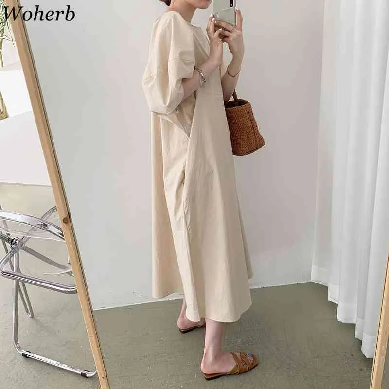 Korean Solid Women Long Dress Summer Puff Sleeve O-neck Casual All Match Shirt Dresses Fashion Vintage Vestidos 210519