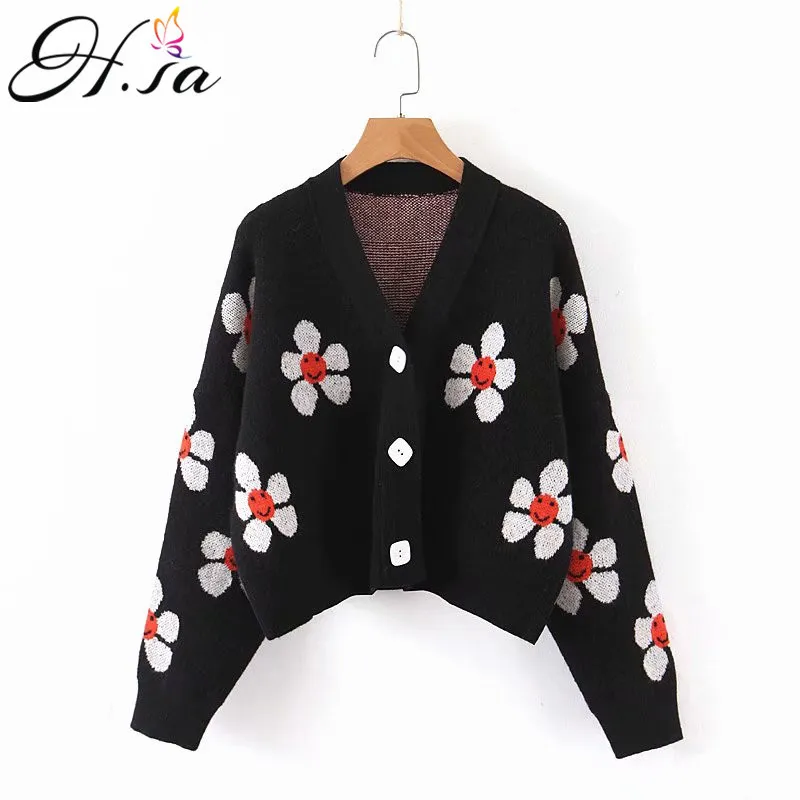 H.SA Arrivées d'hiver Femmes V Col Bouton Up Cardigans noirs Pull en cachemire doux manteau floral 210417