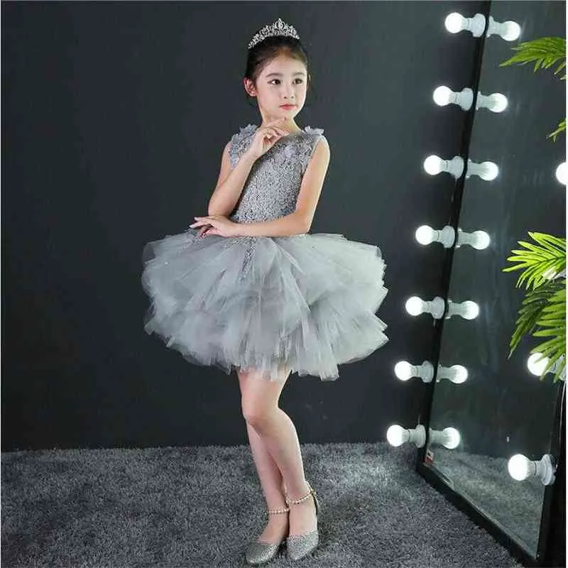 Kinder Kleider Mädchen Lange Schleppe Prom Grau Tüll Kleider Applikationen Spitze Neue Kinder Abschlusskleid Teen Hochzeit Brautjungfer Robe G1218