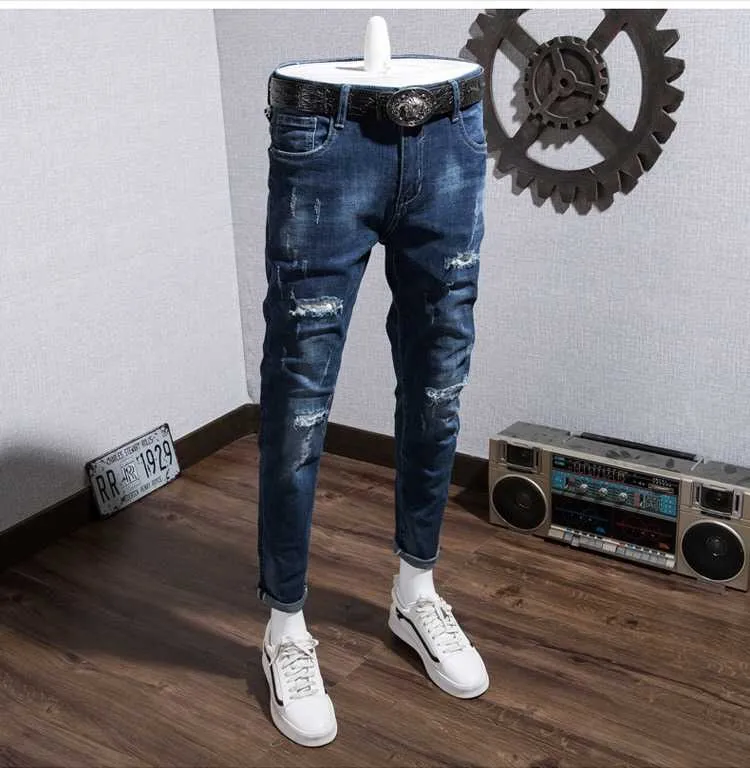 Мужчины Новые тощие джинсы Размер 28 36 Biker уничтожены разорванные джинсовые хип-хоп джинсы брюки для мужских брюк х0621