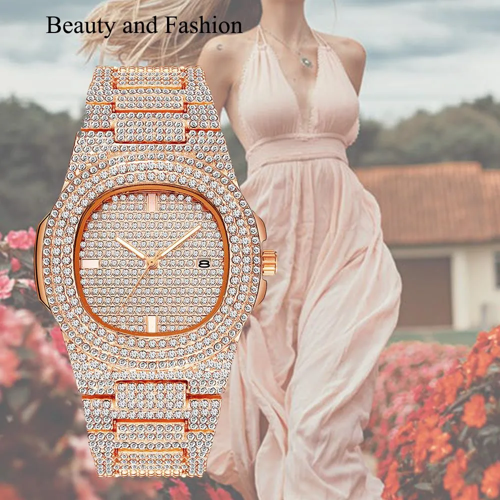Moda Hombres Mujeres Reloj Diamante Iced Out Relojes de diseño 18K Oro Acero inoxidable Movimiento de cuarzo Hombre Mujer Regalo Bling Wristwat240l
