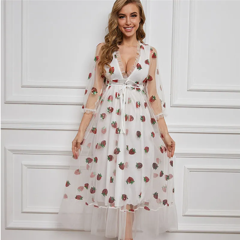 Isarose женщины клубника платье вышивка блестки фрукты розовые черные белые сетки с длинным рукавом v шеи сладкое платье падение 210422