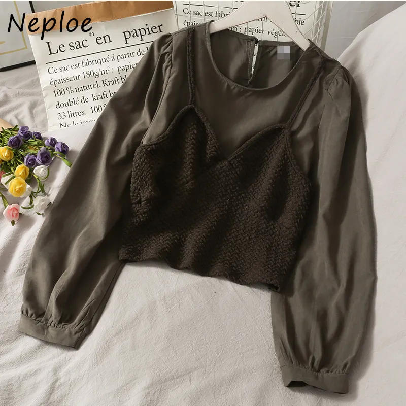 Neploe Fashion Two Piece Patchwork Camis Blouse Women O Neck Pullover Long Sleeve Solid Blusas Work Style Ol Spring Shirt 210423