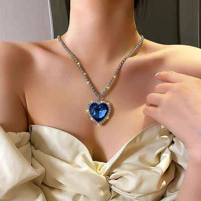 Grand collier pendentif coeur en cristal pour femmes collier complet en strass Titanic coeur de l'océan coeur bleu amour pour toujours bijoux G1206