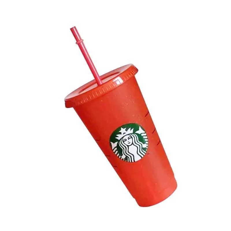 Flash em pó tumbler plástico reutilizável brilhante com tampa e copo de palha, fl oz, de ou presentes de festa Starbucks Portable