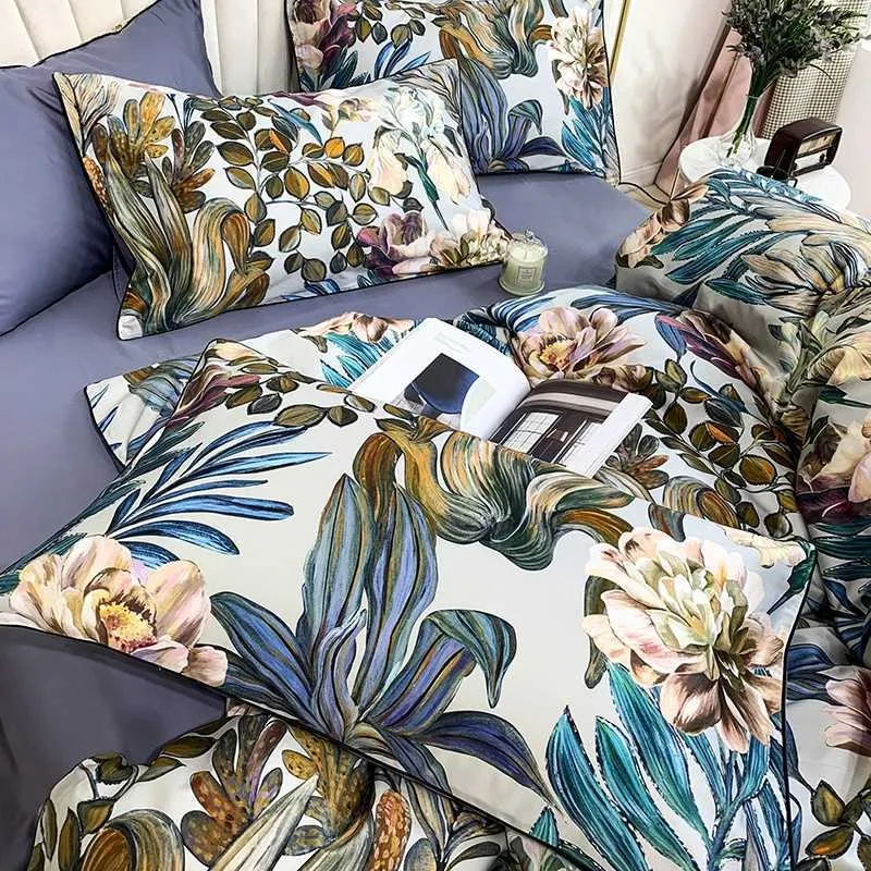 純粋なエジプトの綿の寝具セット熱帯の葉の花布団カバーシルキーソフトクイーンキングベッドシートキルトカバーピローケース210721