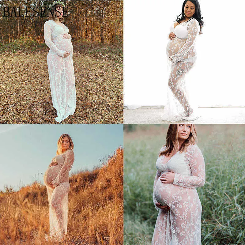Vestido de embarazo para PoShoot Maternidad Pografía Sexy Cuello en V Encaje Maxi Vestido Tallas grandes Mujeres embarazadas Baby Shower Cloth 210721