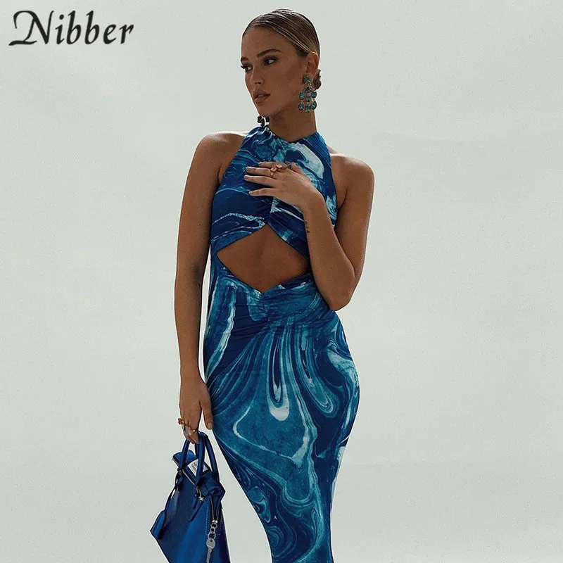 Nibber Y2k Sexy Plage Moulante Dresse Évider Épaule Dos Nu Imprimer Tie Dye Bleu Maxi Robes D'été 220311