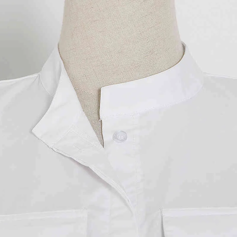 Blanc décontracté femmes chemises col montant sans manches avec épaulette OL Blouse femme vêtements d'été mode 210524