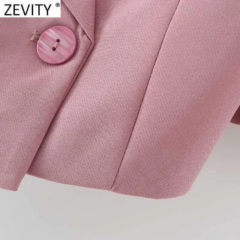 Zevity Femmes Mode Col cranté Double boutonnage Blazer court Manteau Vintage Femme Business Vêtements d'extérieur Chic Crop Tops CT713 210603