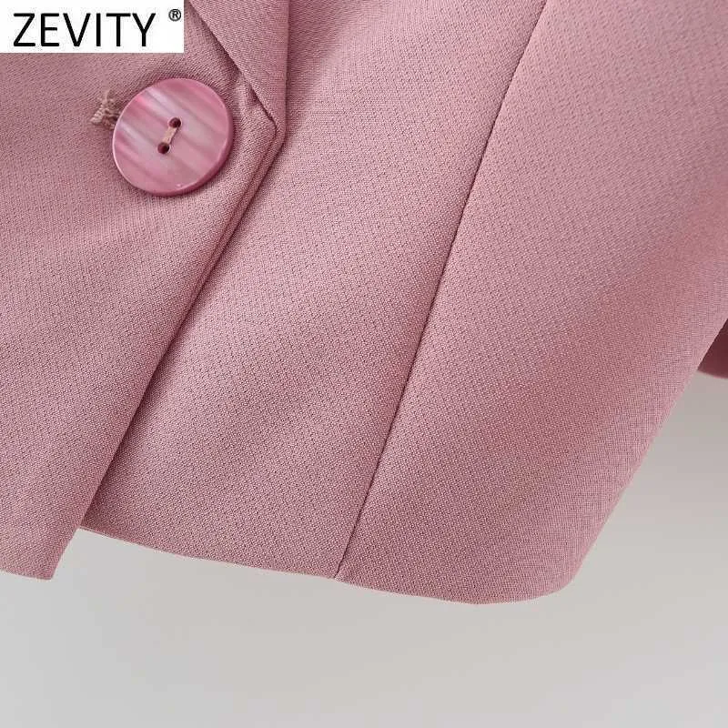 Zevity Women Fashion Notched Collar Double Breched Short Blazer Coat Vintage Female Business Outerwear Chic Crops CT713 210603
