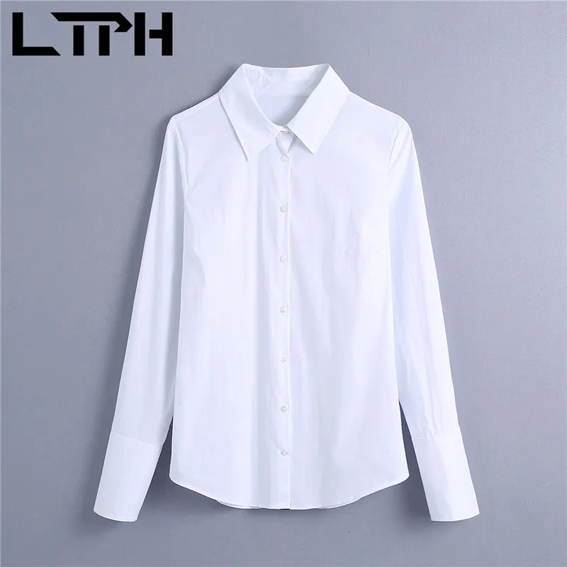 Простые минималистские винтажные блузки женщины белая рубашка с длинным рукавом одиночный шикарной парень в стиле весной 210427