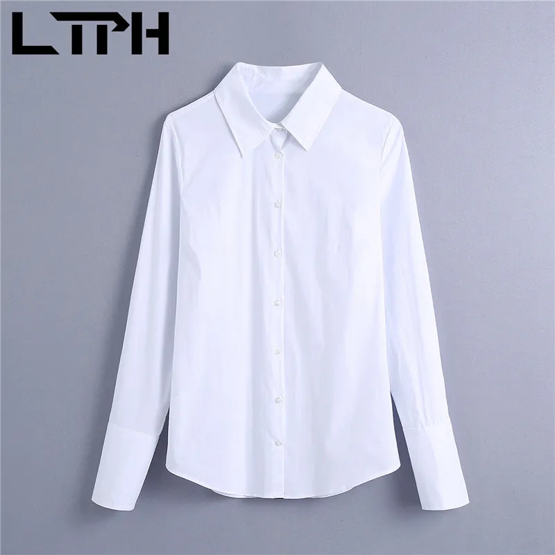 simple minimalist vintage blouses women white shirt Long Sleeve Single Breasted chic Boyfriend Style tops Spring 210427