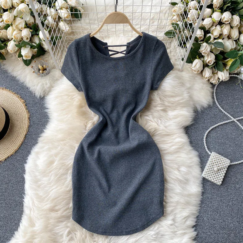 SINGREINY Design Belt Backless Dress Women O Neck Short Sleeve Slim Pencil Dresses Summer Korean Sexy Streetwear Mini Dress 210419