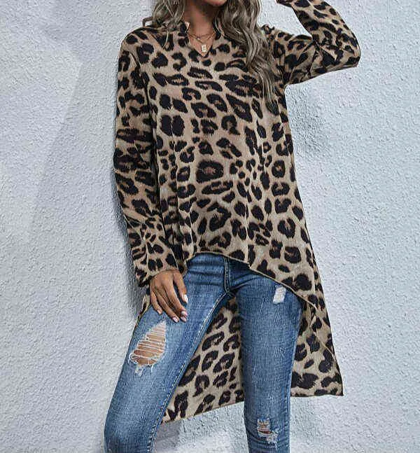 Mulheres Leopardo Irregular Blusa Curto Frente Longo Voltar V-pescoço de Manga Longa Tops Moda Novas Senhoras Solto Camisas Autumn Spring H1230