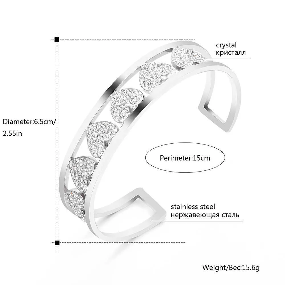 Stainless Steel Open Cuff Bracelets Bangles for Women Men Fashion Colorful Rhinestone Heart Jewelry Friendship Gift 2020 New Q0717