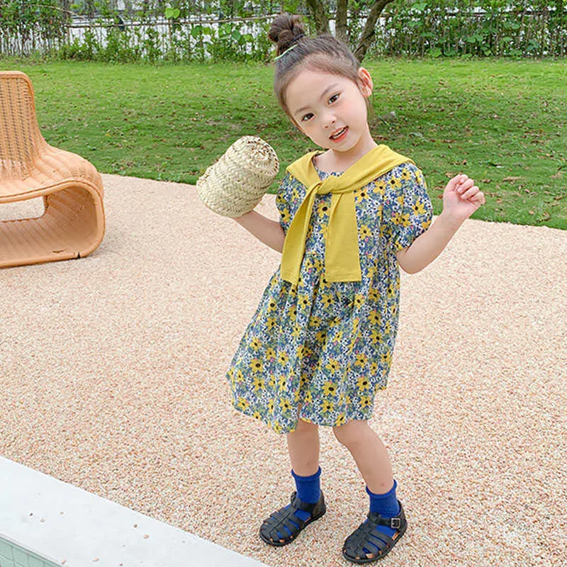 Summer Girls 'Vestito Fashion Personality Scialle Floreale a maniche corte Princess Baby Kids Abbigliamento bambini ragazza 210625