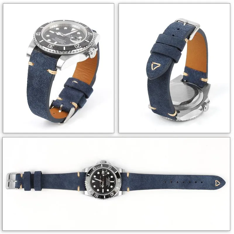 Cinturini orologi Cinturini vintage in morbida pelle scamosciata 20mm 22mm Cinturino di ricambio con cuciture blu fatto a mano di alta qualità272i
