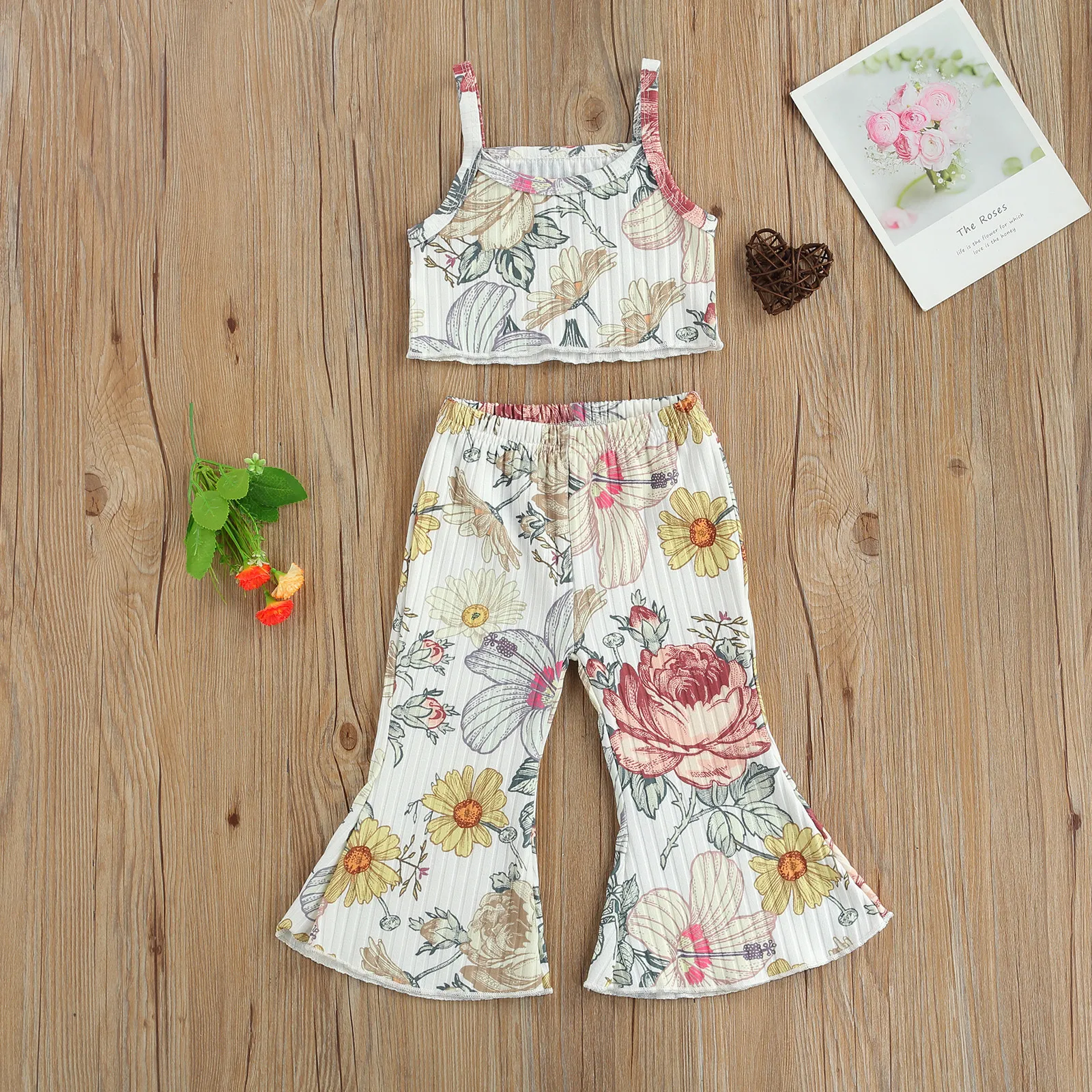18M-6Y Toddler Kid Baby Girl Clothes Set Flower Vest Tops Flare Pants Summer Children Outfits Beach Holiday Costumes 210515