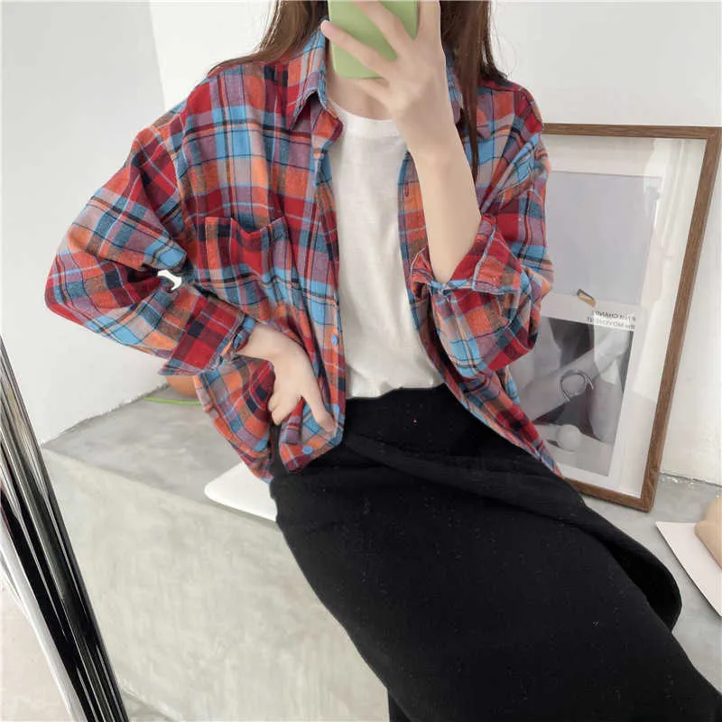 HSA Women Long Blouse Shirts Casual Plaid Loose Blusa Tops Office Herfst Koreaanse elegante vintage oversized shirts Top Ladies 210716