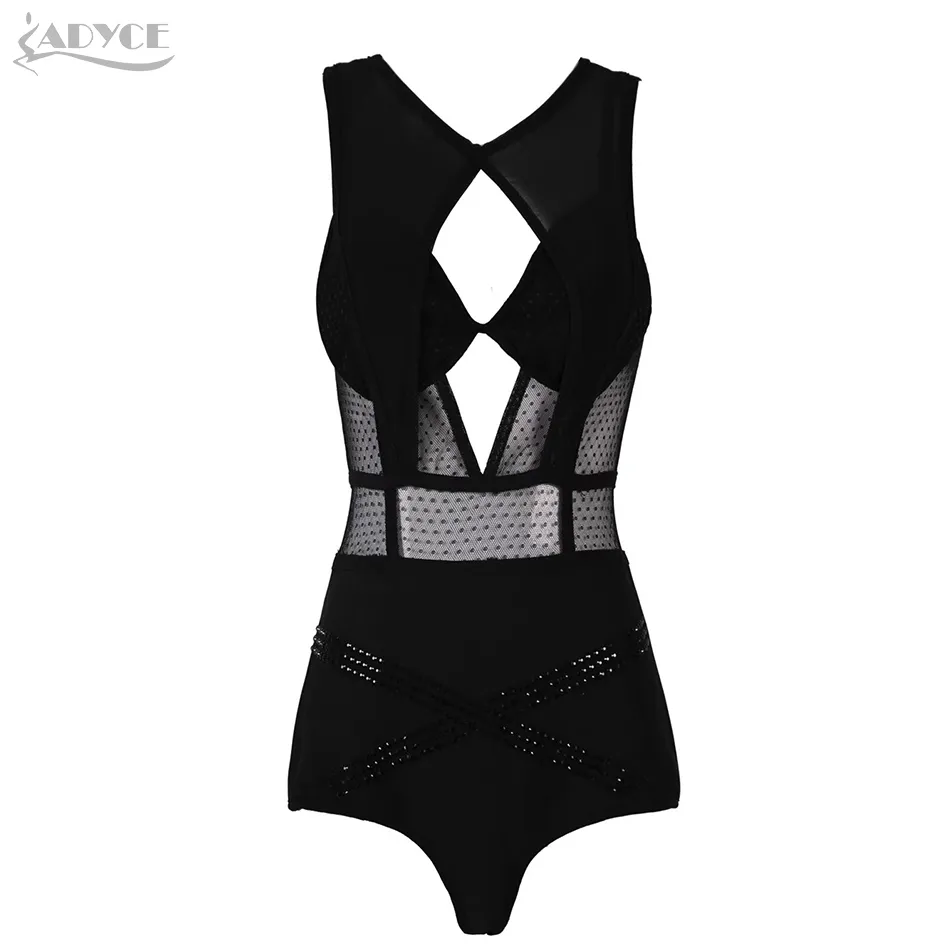 Summer Women Black Mesh Bandage Bikini Bodysuits Sexy Tank Hollow Out Club Runway Party Bodycon Rompers 210423