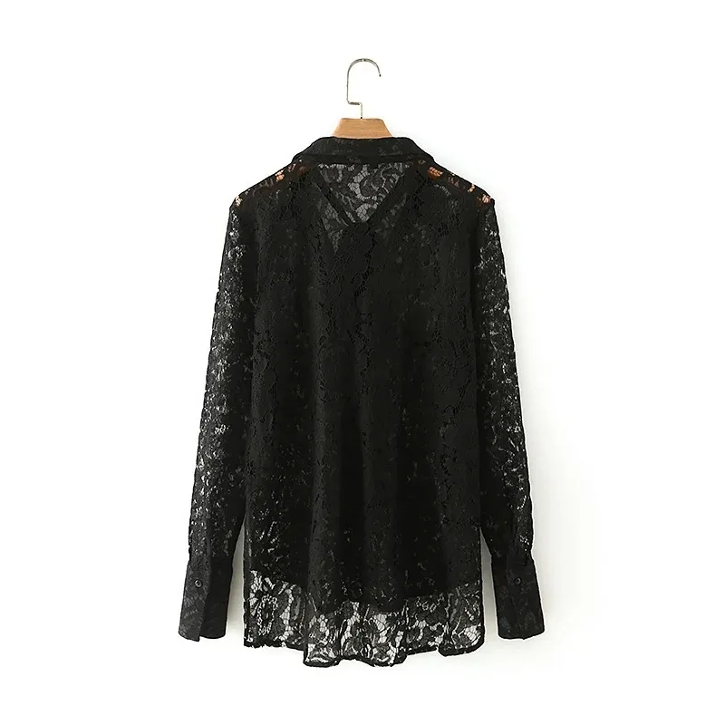 Women Bow Tie Hollow Out Lace Black Blouse Female Long Sleeve Shirt Casual Lady Loose Tops Blusas S8317 210430