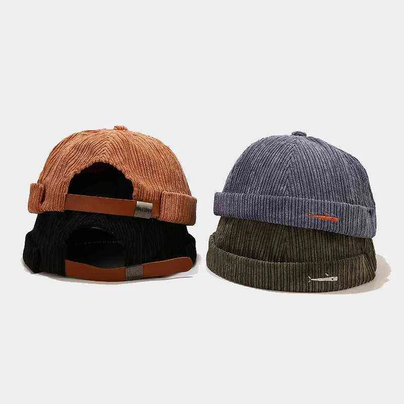 Brand Vintage Beanie Hats Men Women Spring Autumn Landlord Cap Streetwear Hip Hop Brimless Hat Corduroy Docker Cap Wholesale Y21111