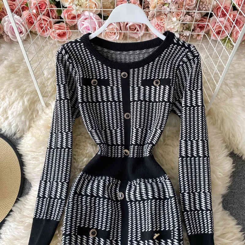 Automne Hiver Pacthwork Houndstooth Jacquard Work Wear OL Knit Mini Robe Femmes À Manches Longues Slim Gaine Moulante Pull 210514