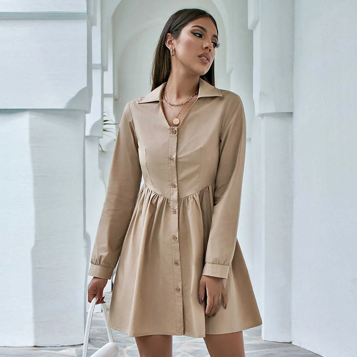 Solid Color Single-Breasted Shirts Blouses Spring Fall Sale Long Sleeve Elegant Work Wear A-Line Casual Women Dresses 210525