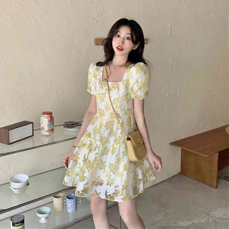 Ezgaga French Style Floral Dress Women Summer New Fashion Short Sleeve Slim Waist Square Collar Ball Gown Sweet Mini Dress 210430