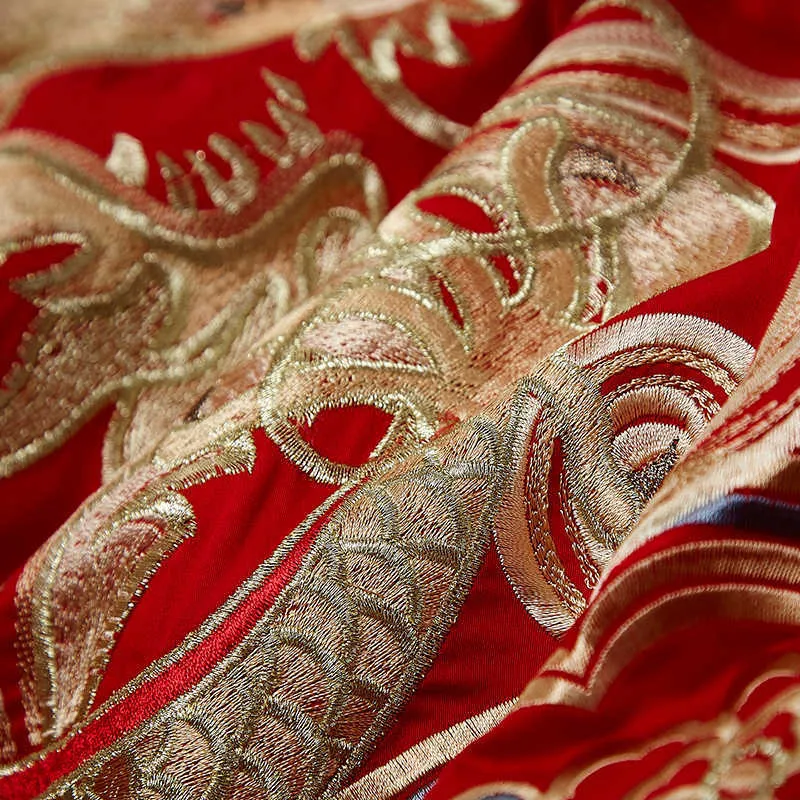 Nuevo rojo de lujo Gold Phoenix Loong bordado boda china 100% algodón juego de cama funda nórdica sábana colcha fundas de almohada H210V