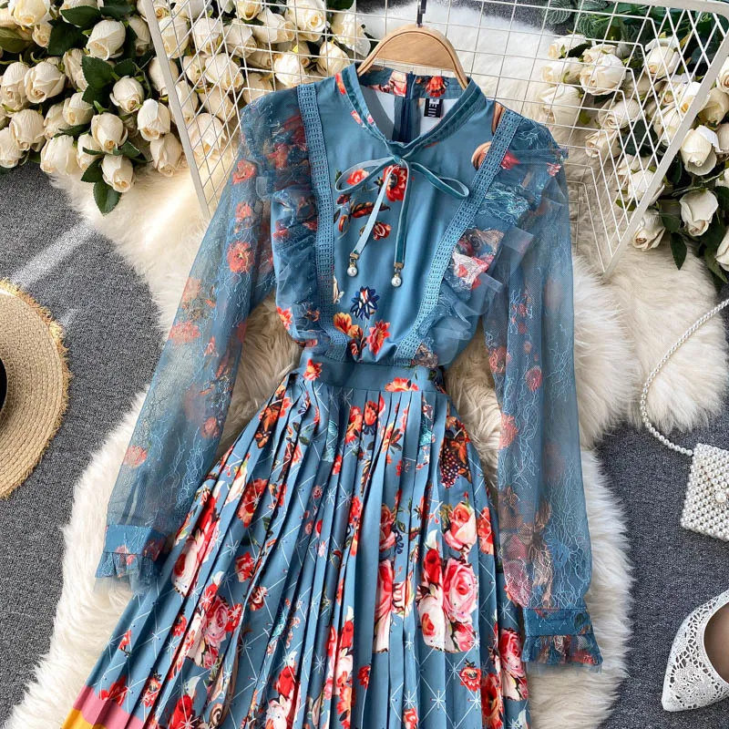 SINGREINY Frauen Boho Floral Plissee Kleid Design Spitze Langarm Rüschen A-linie Kleid Herbst Retro Print Hof Wind Midi kleid 210419