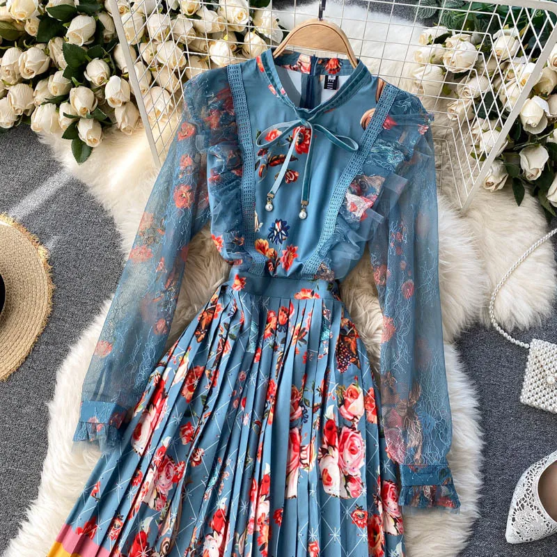 Singreiny Kadınlar Boho Çiçek Pileli Elbise Tasarım Dantel Uzun Kollu Ruffles A-line Elbise Sonbahar Retro Baskı Mahkemesi Rüzgar Midi Elbise 210419
