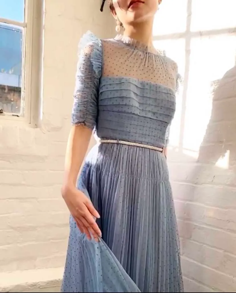 Vintage blå mesh klänning kvinna kortärmad hög midja elegant vestidos dam bana självparty brudtärna klänningar kvinnlig sommar 210603