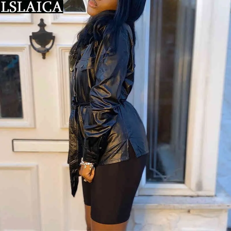 Black Woman Jacket Turn Down Collar Long Sleeve Pu Leather Female Streetwear Lace Up Casual Plus Size Coat Women Autumn 210520
