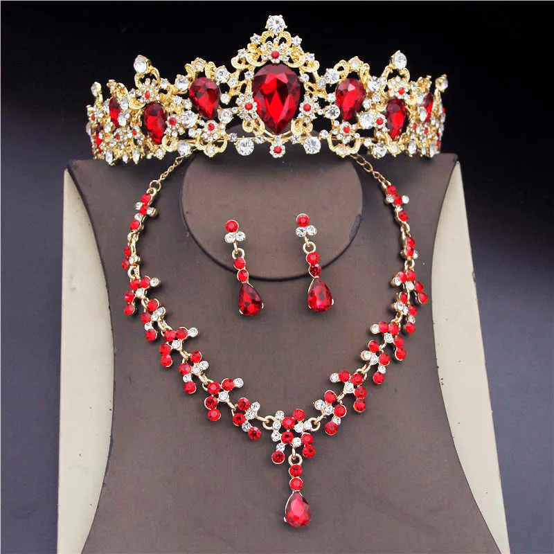 Magnifiques ensembles de bijoux en cristal pour femmes, couronne de mariage, diadèmes, boucles d'oreilles, colliers, ensemble de bijoux, accessoire de mariée à la mode, H1022