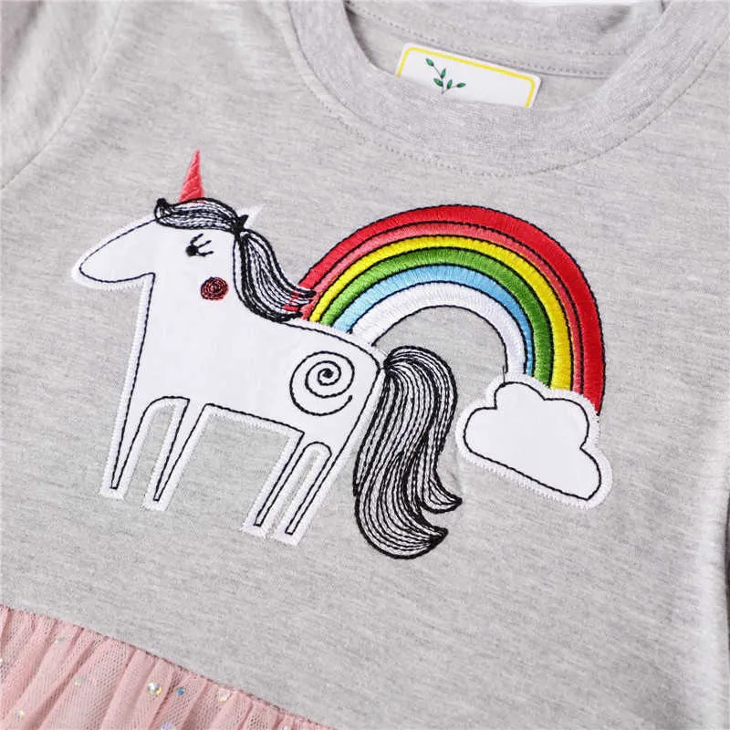 Metri di salto Abiti da principessa in cotone applique unicorno vestiti estivi bambini Arcobaleno Abiti bambini in maglia tutu carino 210529