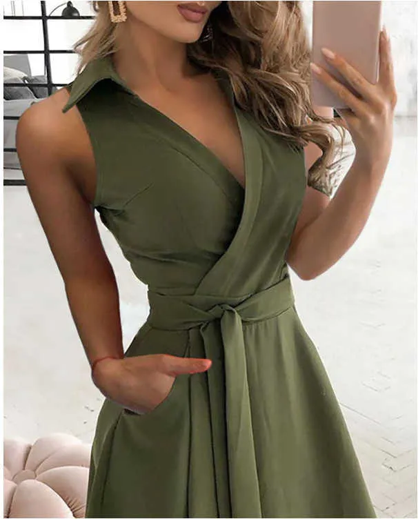 Sexy Rękawów Wrap Kobiety Midi Dress Moda V Neck Belt Kieszonkowy Torba Kieszonkowa Hip Big Swing Damskie Eleganckie Party Summer ES 210526