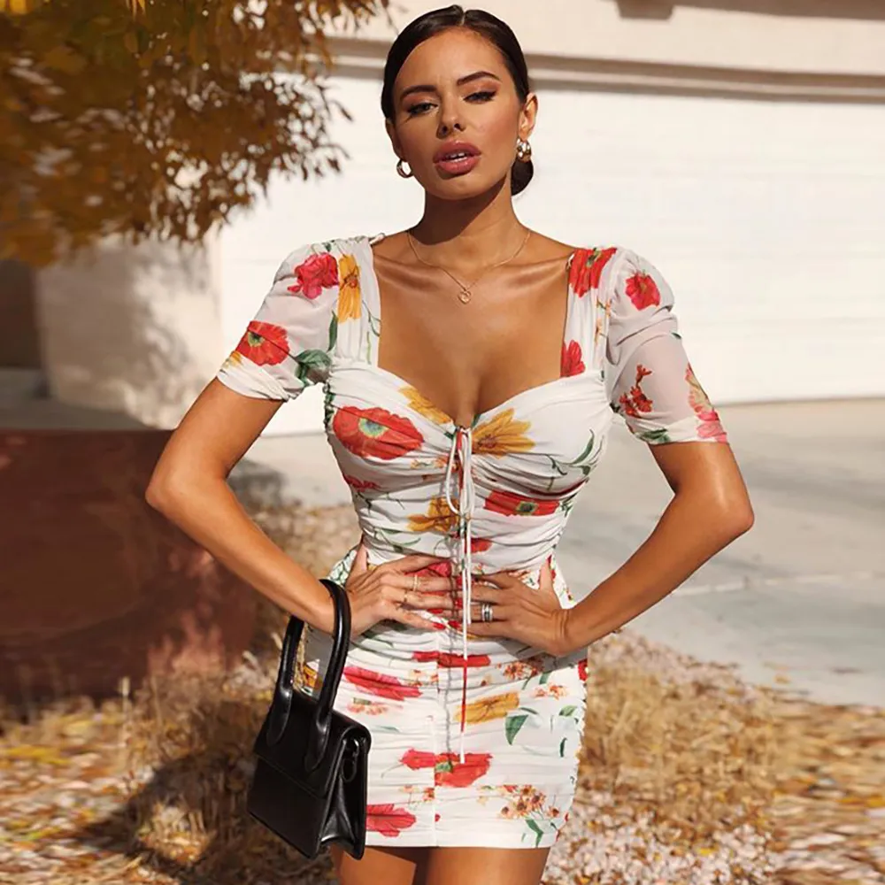 Vintage Floral Print Robe Summer Femmes Sexy Bodycon Casual Vacances Boho Beach Robes Sun 210427