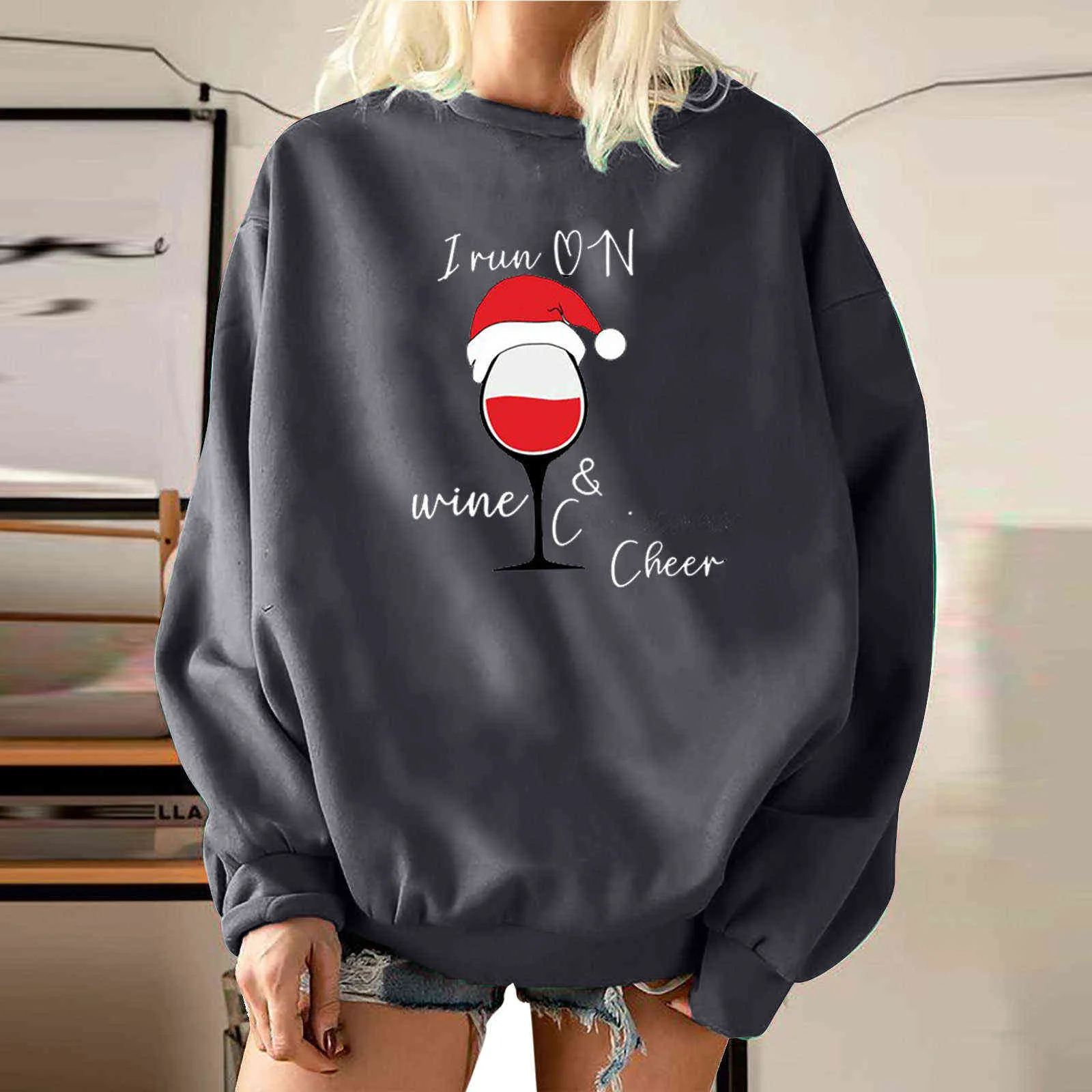 Dorywczo O-Neck Długi Sleeved Fleece Boże Narodzenie Topy 20211 Boże Narodzenie Sweter Dla Kobiet Red Wine Glass Print Barvized Bluza Y1110