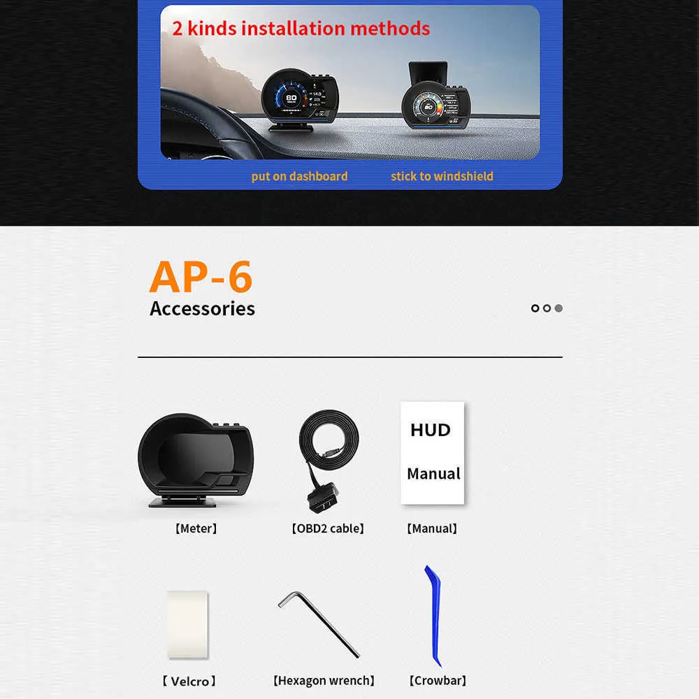 AP-6 HUD最新ヘッドアップディスプレイオートディスプレイOBD2 + GPSスマートカーHUDゲージデジタル走行距離計セキュリティアラームウォーターソイル温度RPM