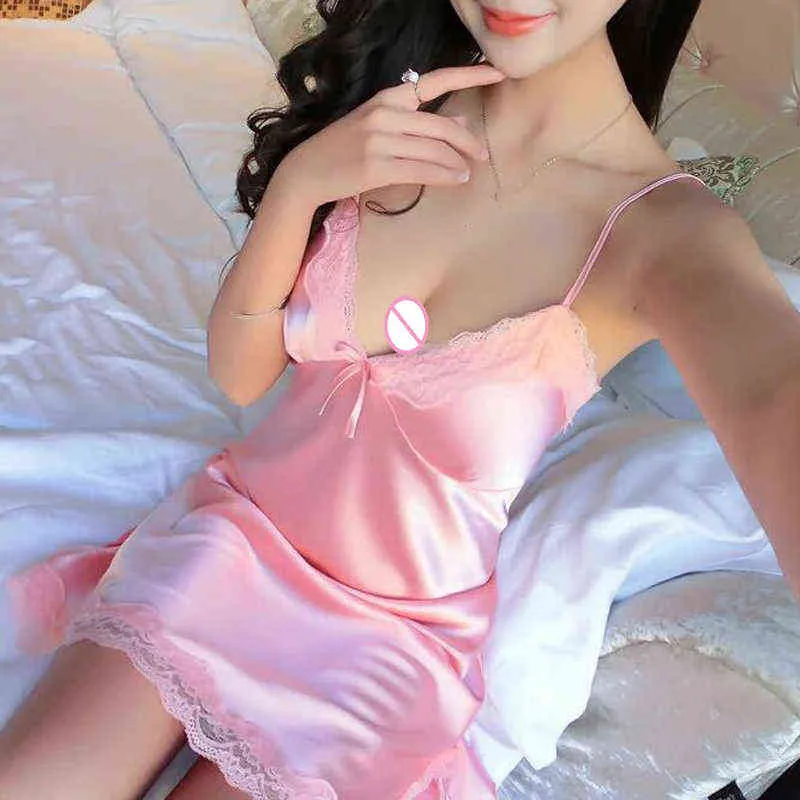 Women's Erotic Lingerie Bowknot Transparent High-end Sexy Underwear Lace Tulle Hollow Temptation Ladies Suspender Nightdress 211229