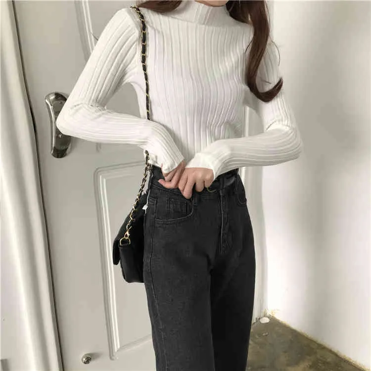 Frauen Herbst Langarm Pullover Koreanische Kleidung Halbkragen Bodenbildung Pullover Slim-Fit Solide Weibliche 10605 210508