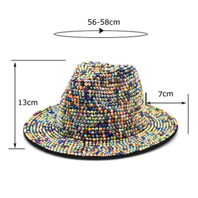 Rhinestone Fedora Hats For Women Men Flat wide Brim Wool Felt Jazz Hats Handmade Bling Studded Party Hat314V